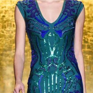 RARE Runway - Herve Leger Alpine Green Dress with degrade blue beadwork